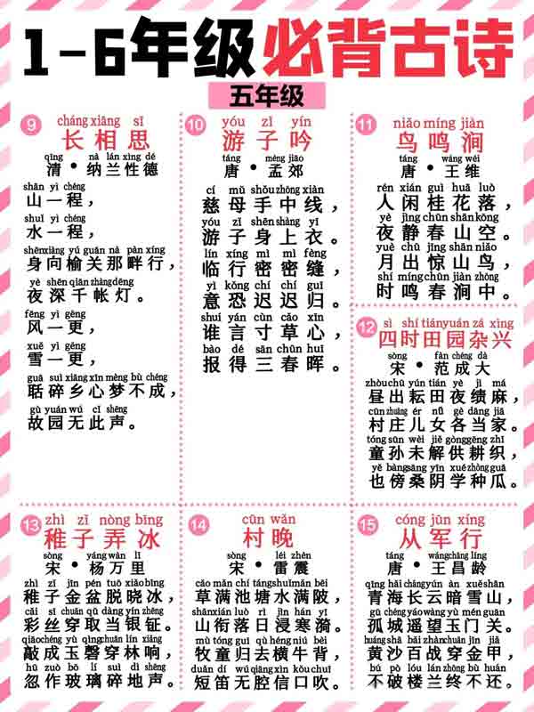 最新1-6年级必背带拼音128首古诗词