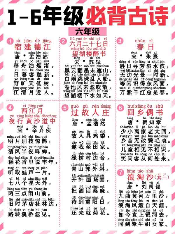最新1-6年级必背带拼音128首古诗词