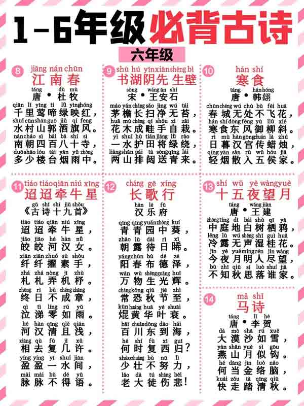 最新1-6年级必背带拼音128首古诗词