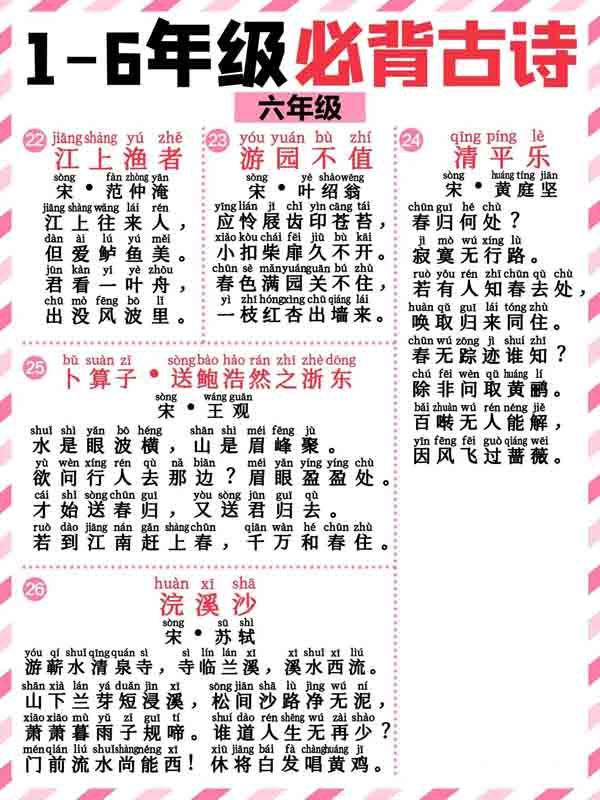 最新1-6年级必背带拼音128首古诗词