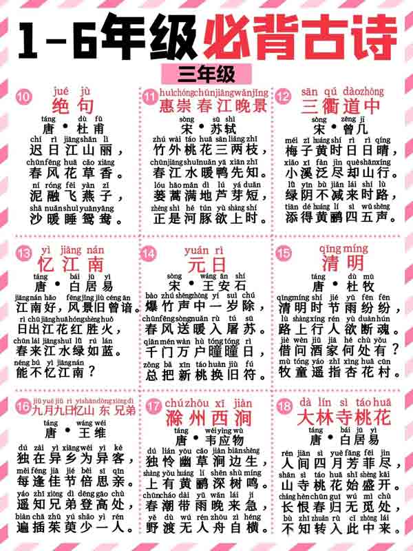 最新1-6年级必背带拼音128首古诗词